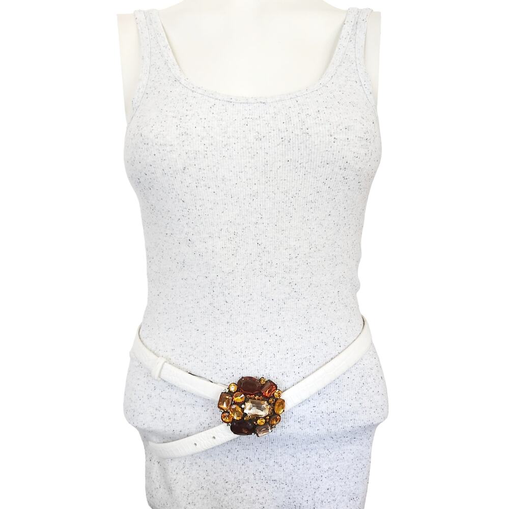 FABRIZIO MANCINI white leather croc embossed jewel buckle skinny belt 80 S / M - Picture 5 of 5